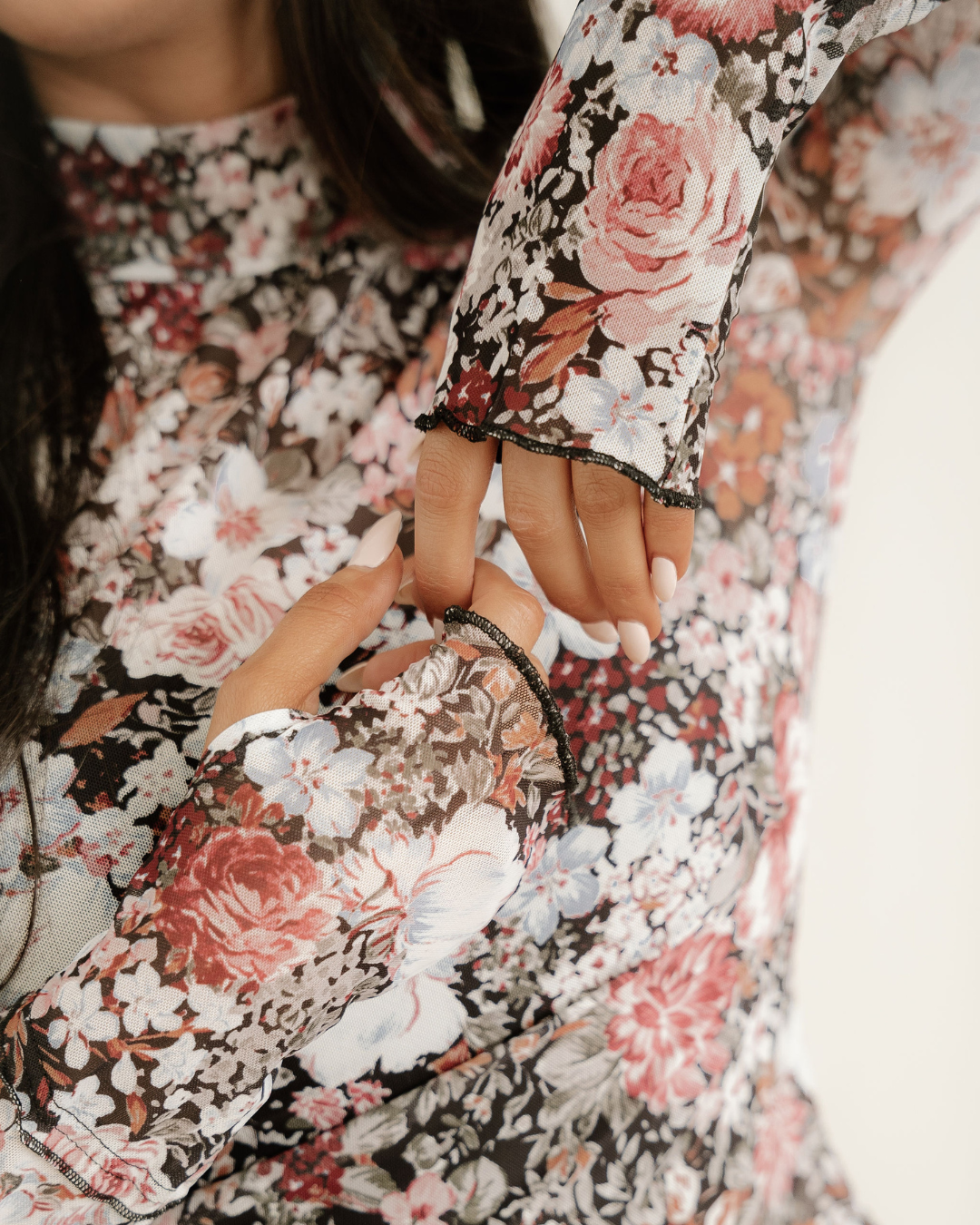 Raelynn Floral Print Mesh Mock Neck Slim Blouse - Brown