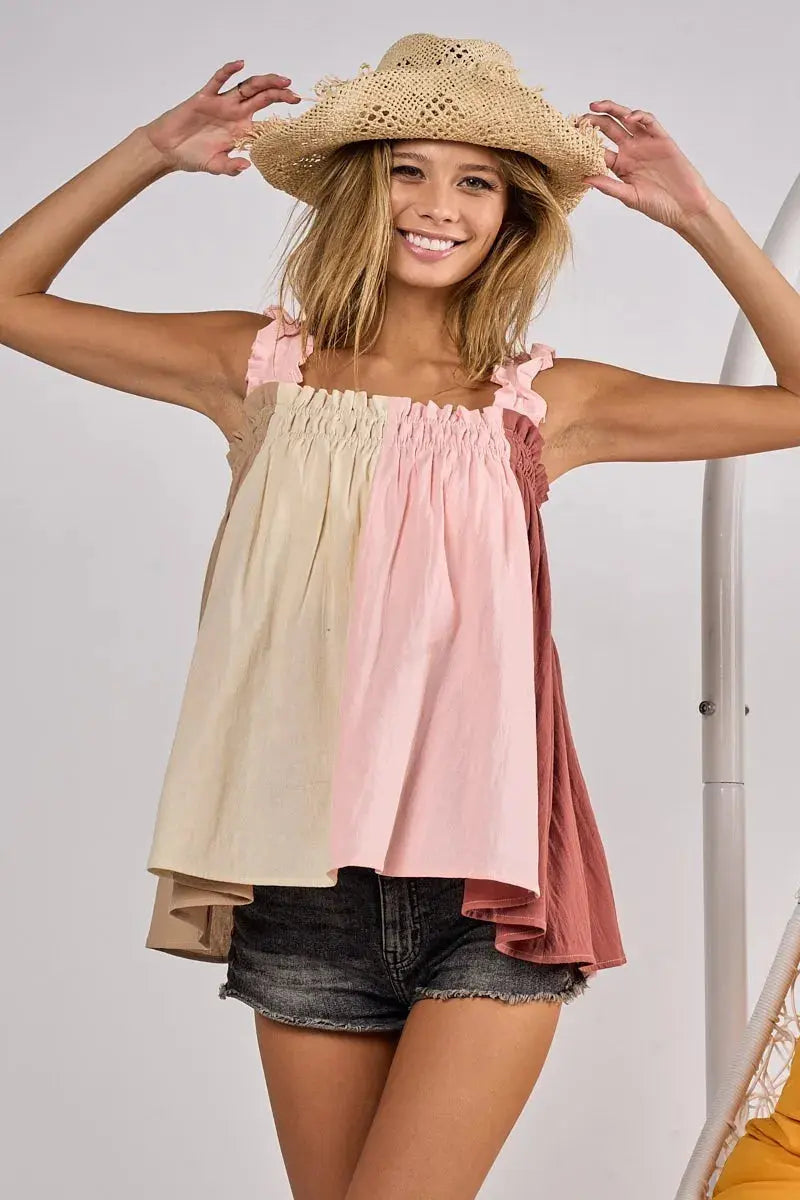 Tank Top - Color Block Frill Straps - Women's Casual