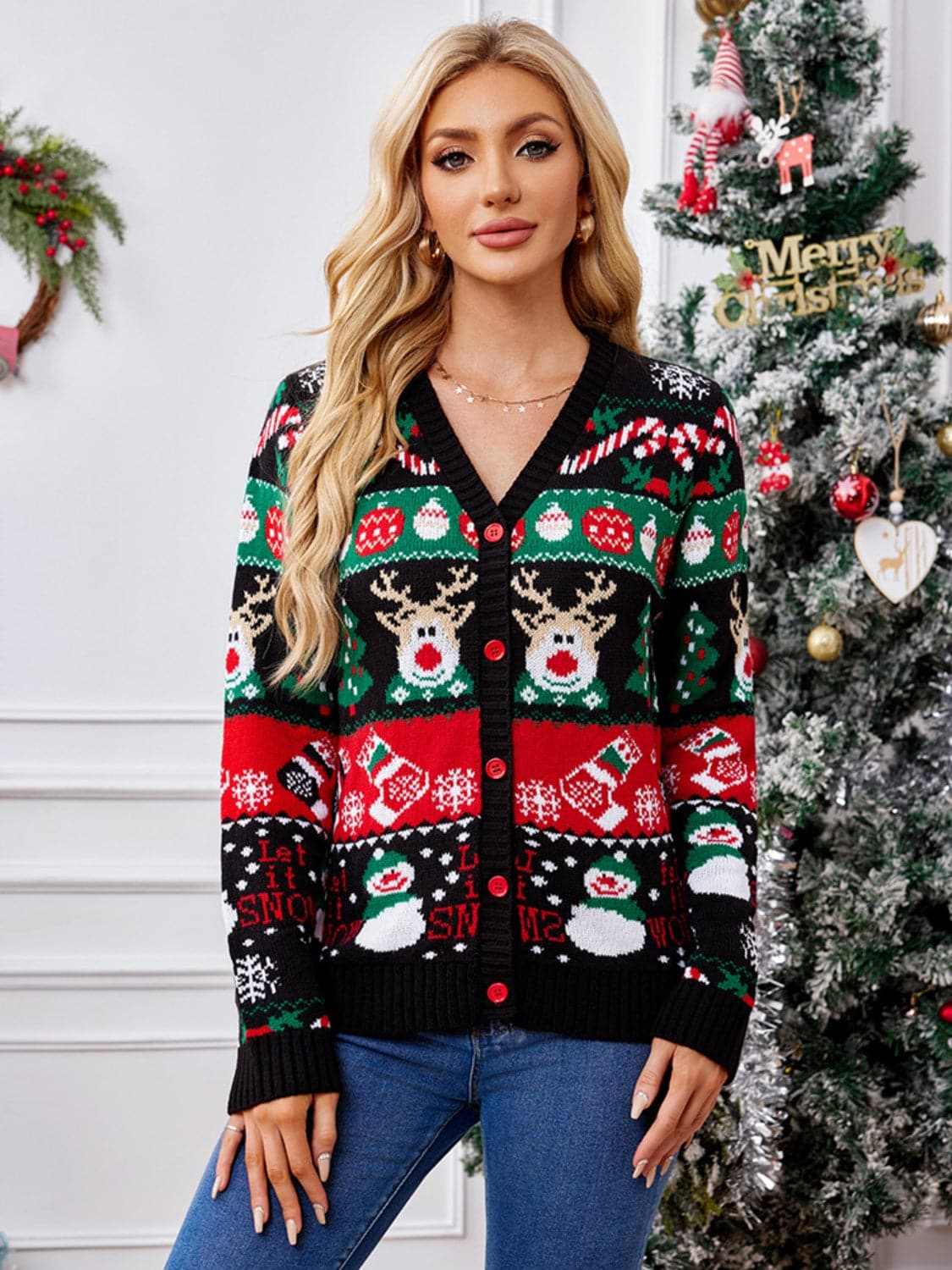 Trendsi Reindeer Print Cardigan for Women