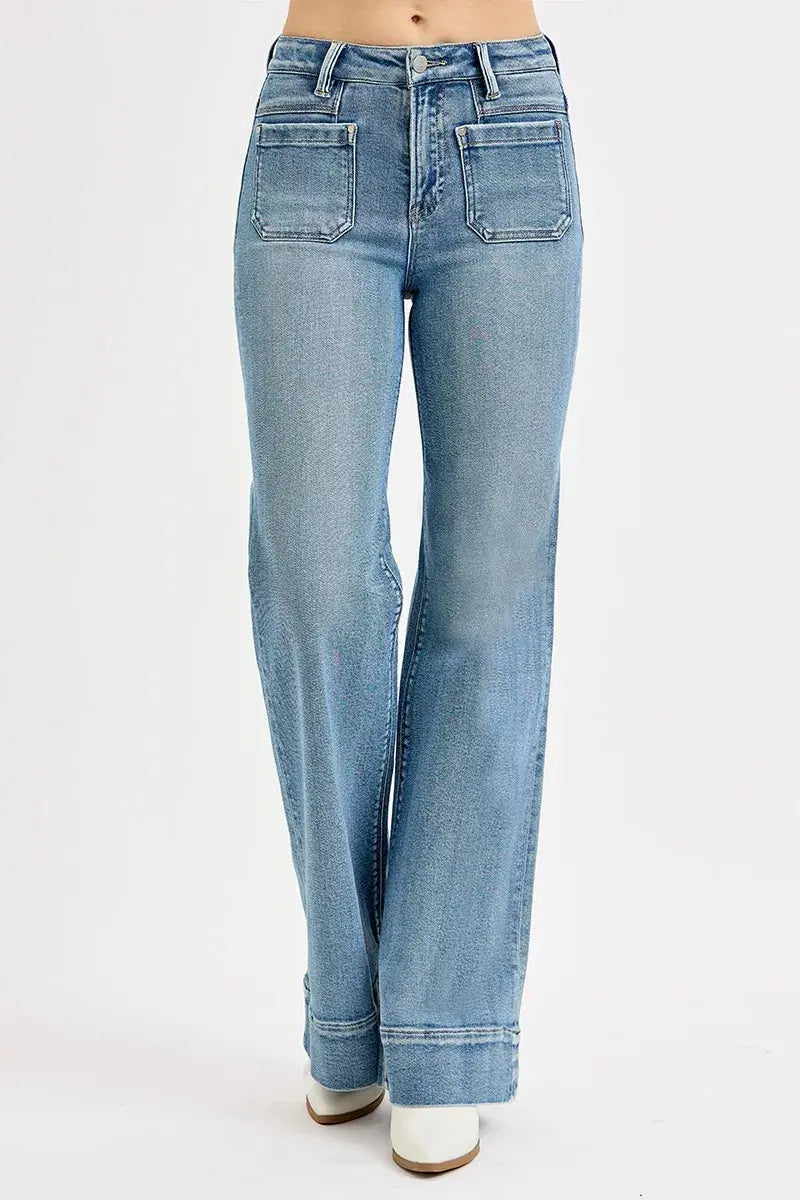 Jeans - High Rise Plus Size Patch Pocket - Wide Flare Denim