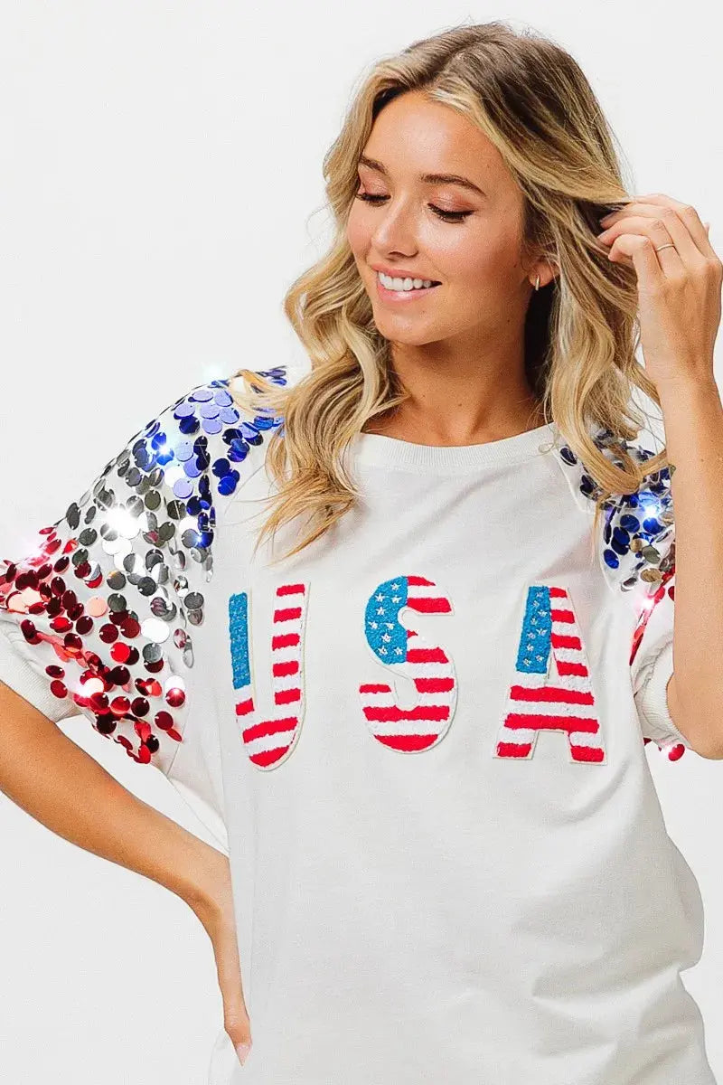 Women's Tee - Sequin American Flag - Patriotic USA Made