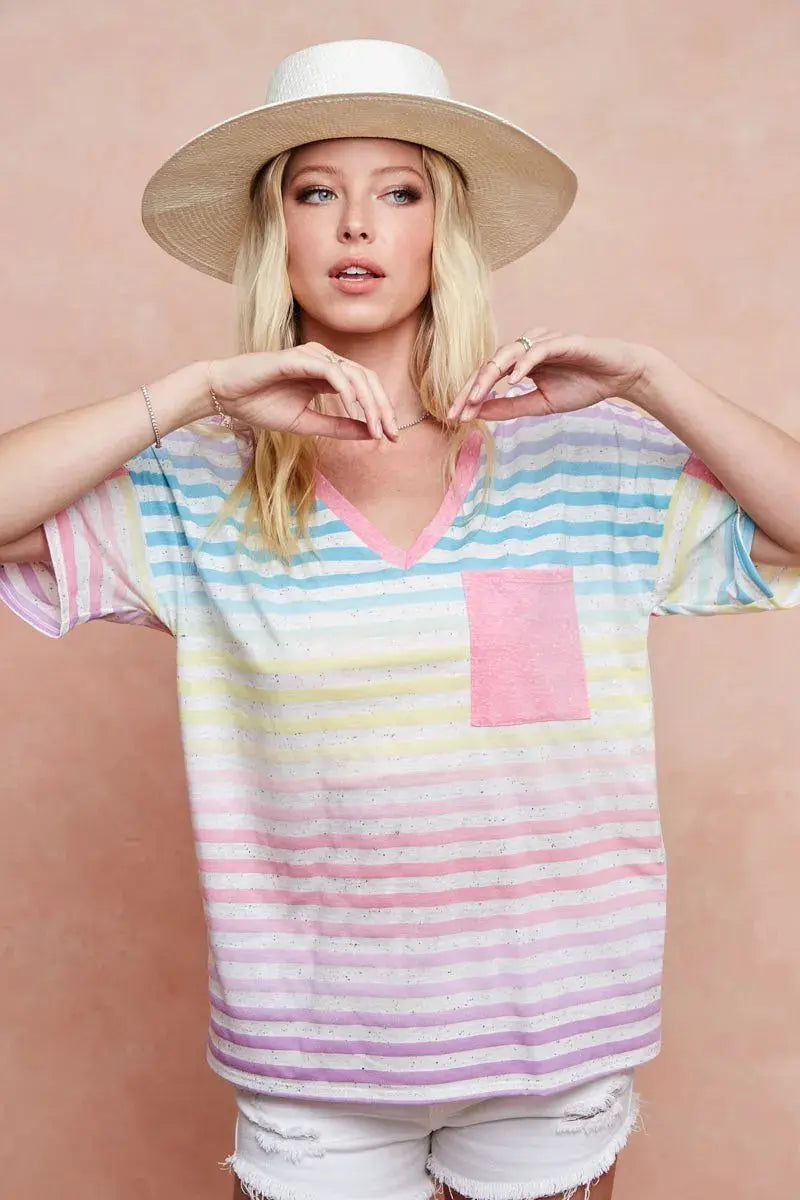 Women's Tee - Rainbow Stripe - Casual Knit Top