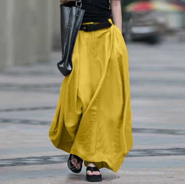 Women's High-Waist Flared Maxi Skirt – Solid Color Cotton Linen with Pockets