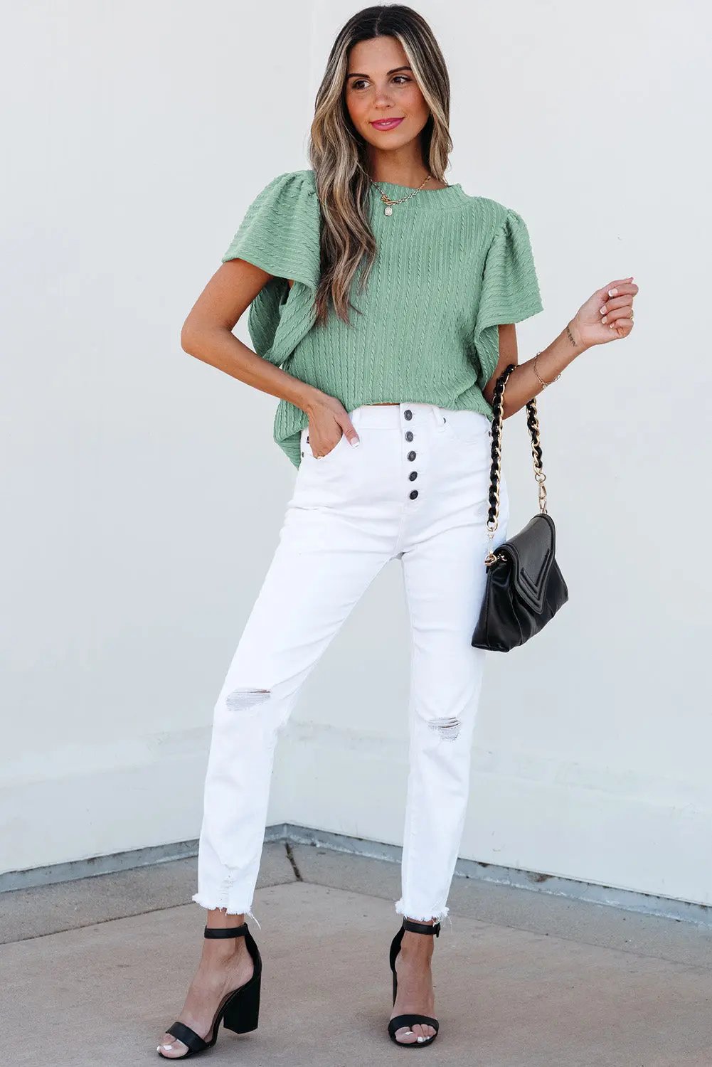 Love Salve Green Textured Top Women's Daily Wear Flutter Sleeve Blouse - Summer Ready