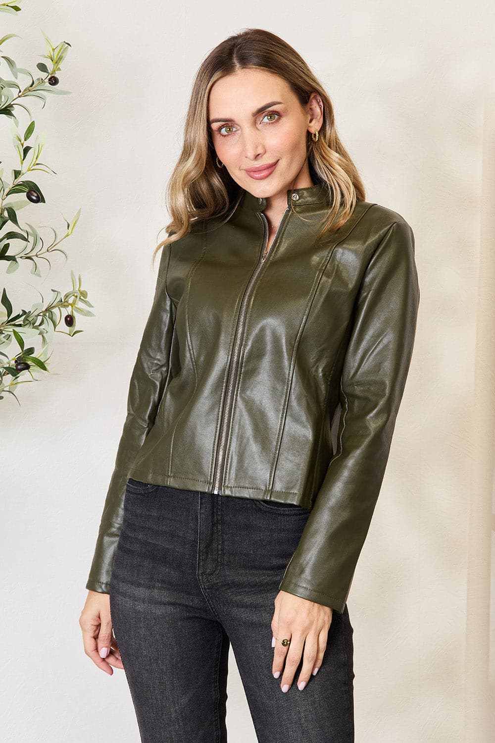 Trendsi Chic mock neck zip-up jacket