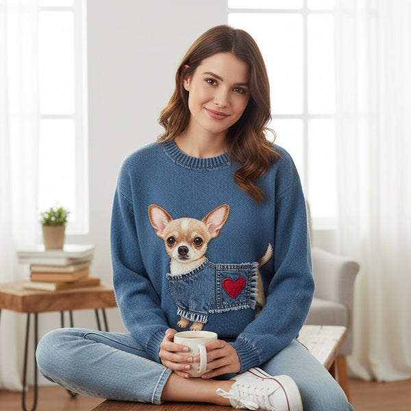 Women’s 3D Digital Print Crew Neck Sweater – Casual Statement Pullover