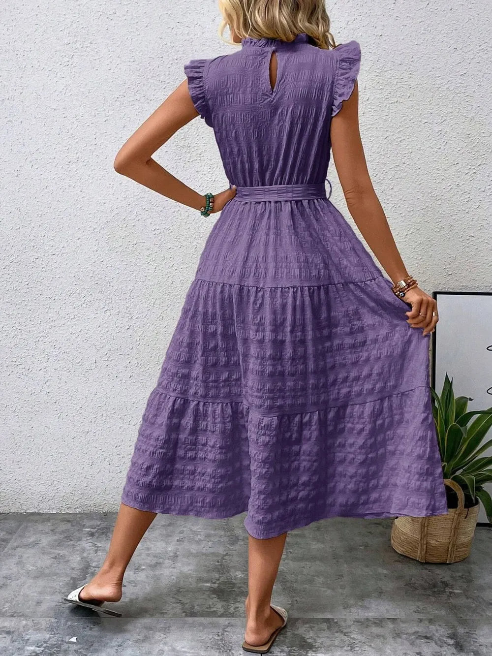 Tied Ruffled Cap Sleeve Midi Dress – Feminine Flowy Style