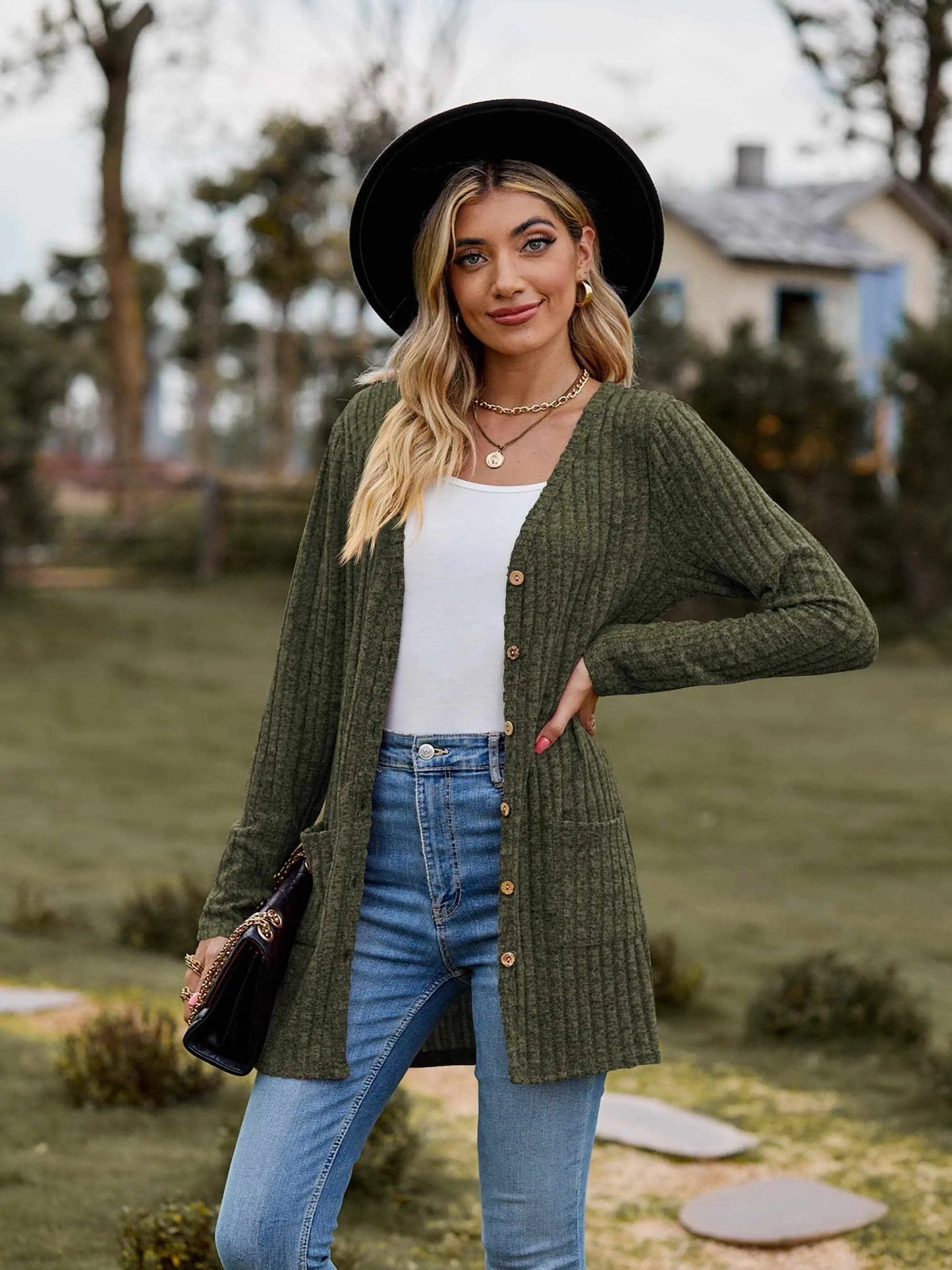 Trendsi Heathered ribbed cardigan with pockets