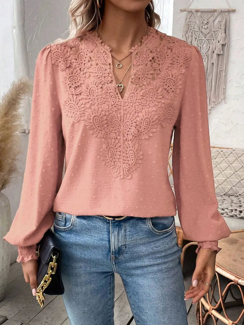 Swiss Dot Lace Detail Notched Long Sleeve Blouse – Feminine Style