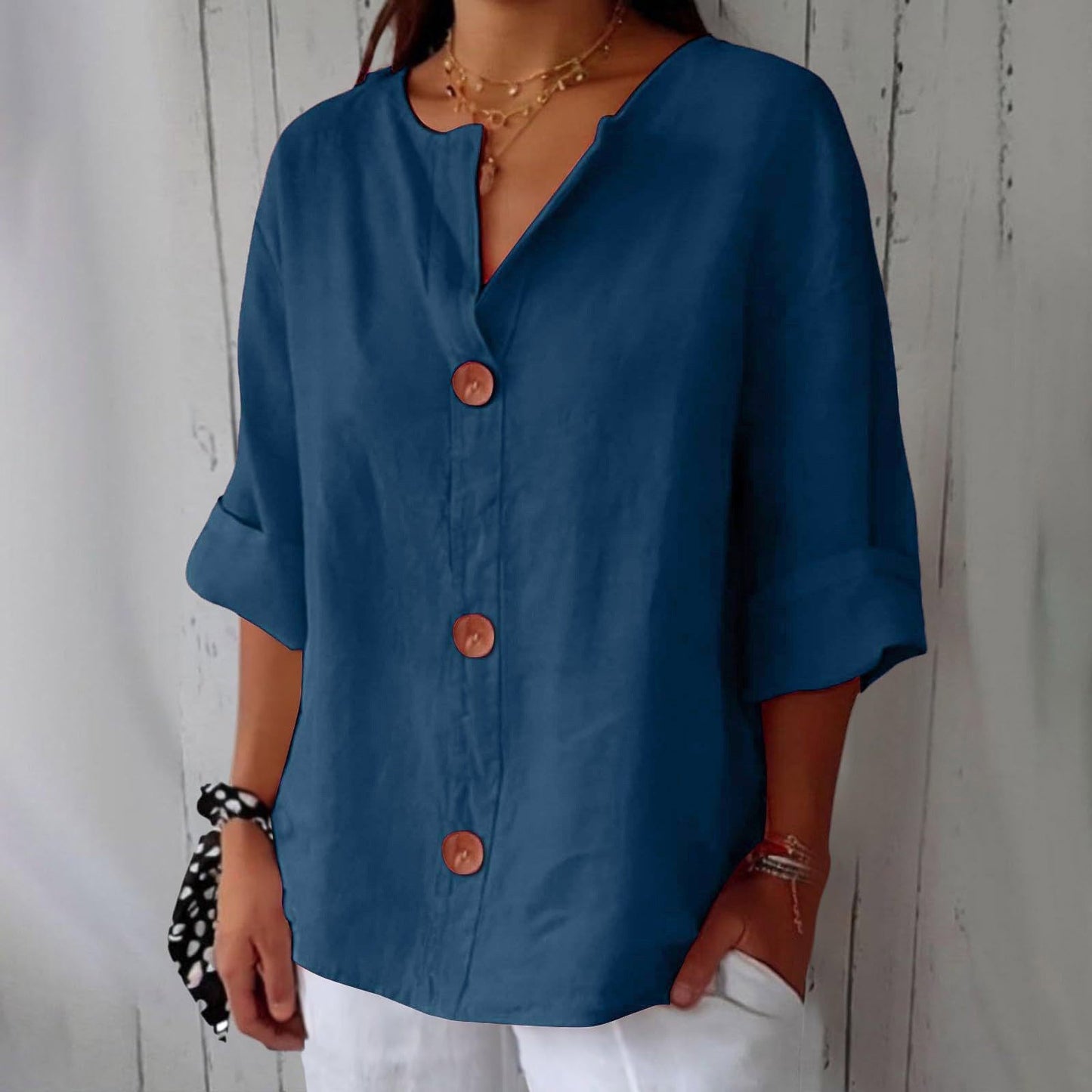 Women's V-Neck Cotton Linen Buttoned Blouse