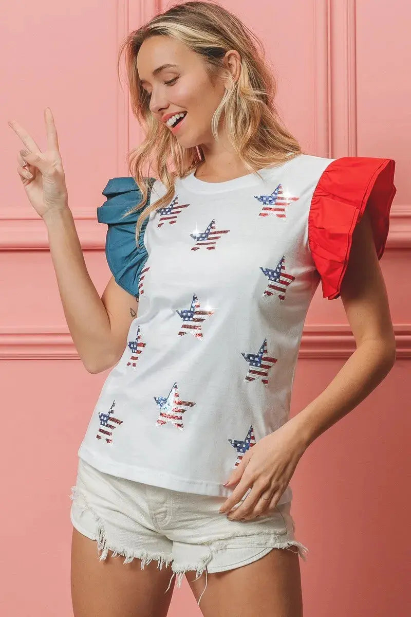 Women's T-Shirt - American Flag Sequin - Sparkly Patriotic Style