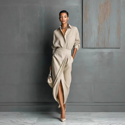 Women's Irregular Pleated Midi Dress – Elegant High-Waist Long Sleeve