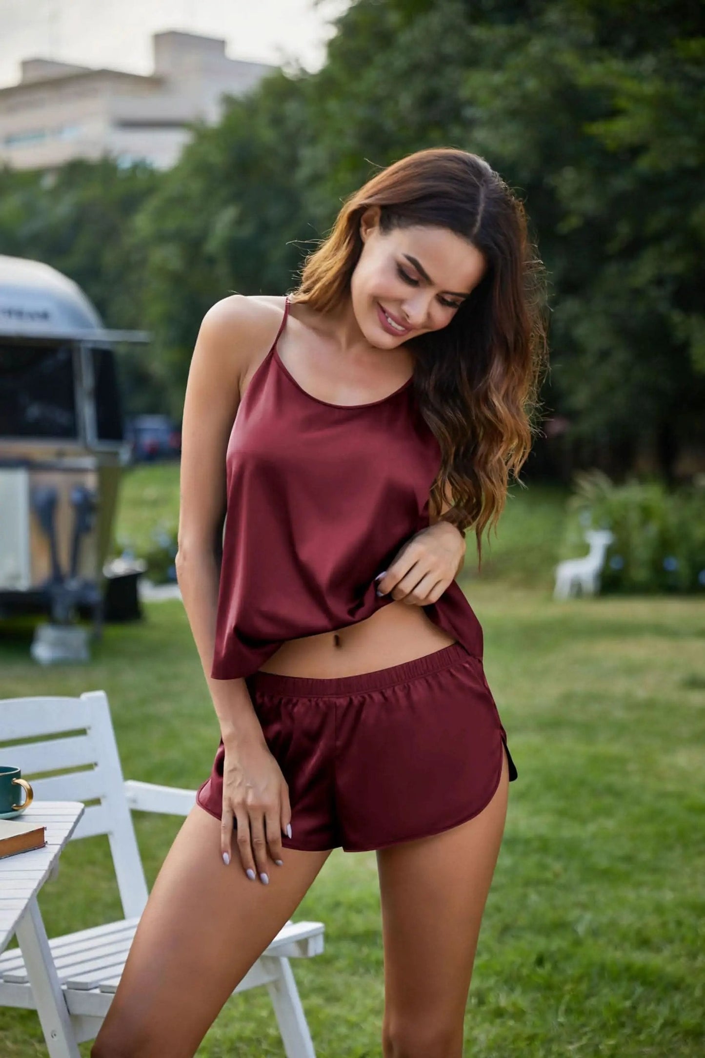 Love Salve Satin Pajamas Women's Backless Lingerie Cami Shorts Set Nightwear