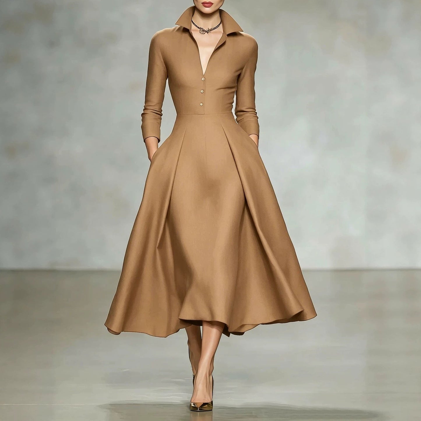 V-Neck Waist-Cinching Long Sleeve Midi Dress