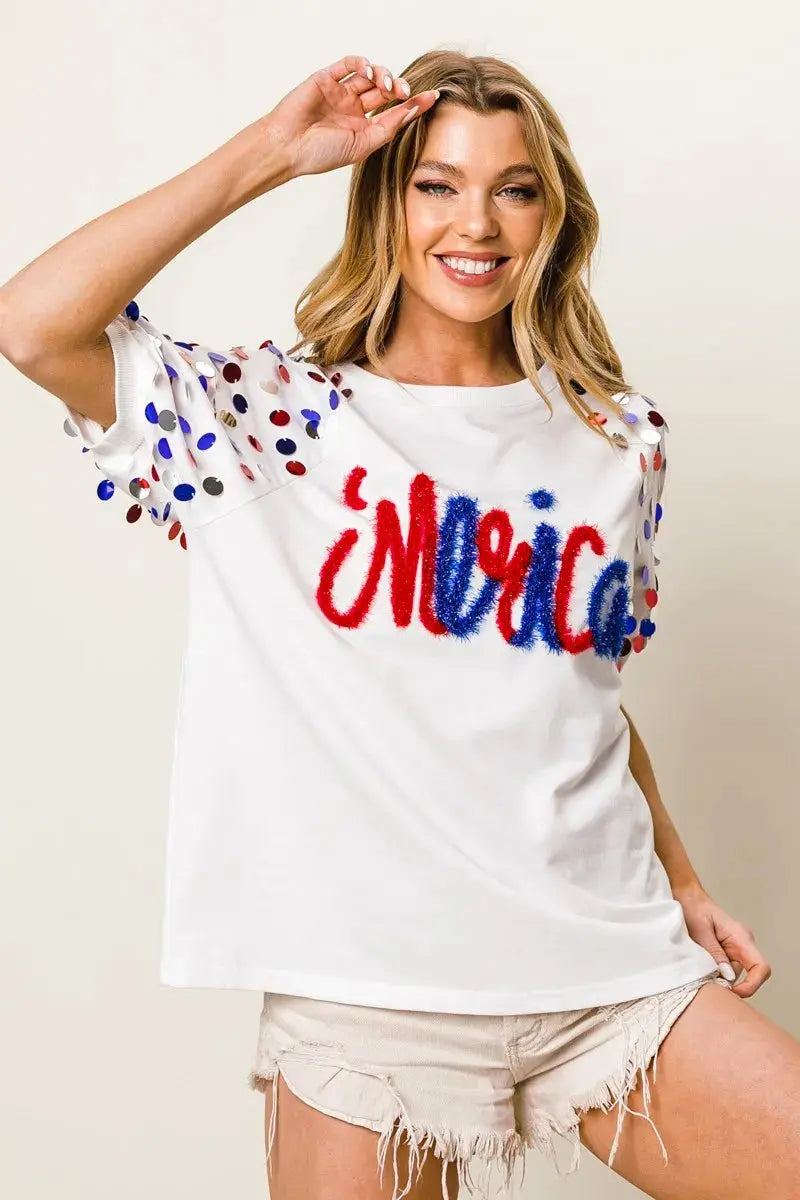 Women's Tee - Metallic Letter Puff Sleeve - Stylish Casual Top