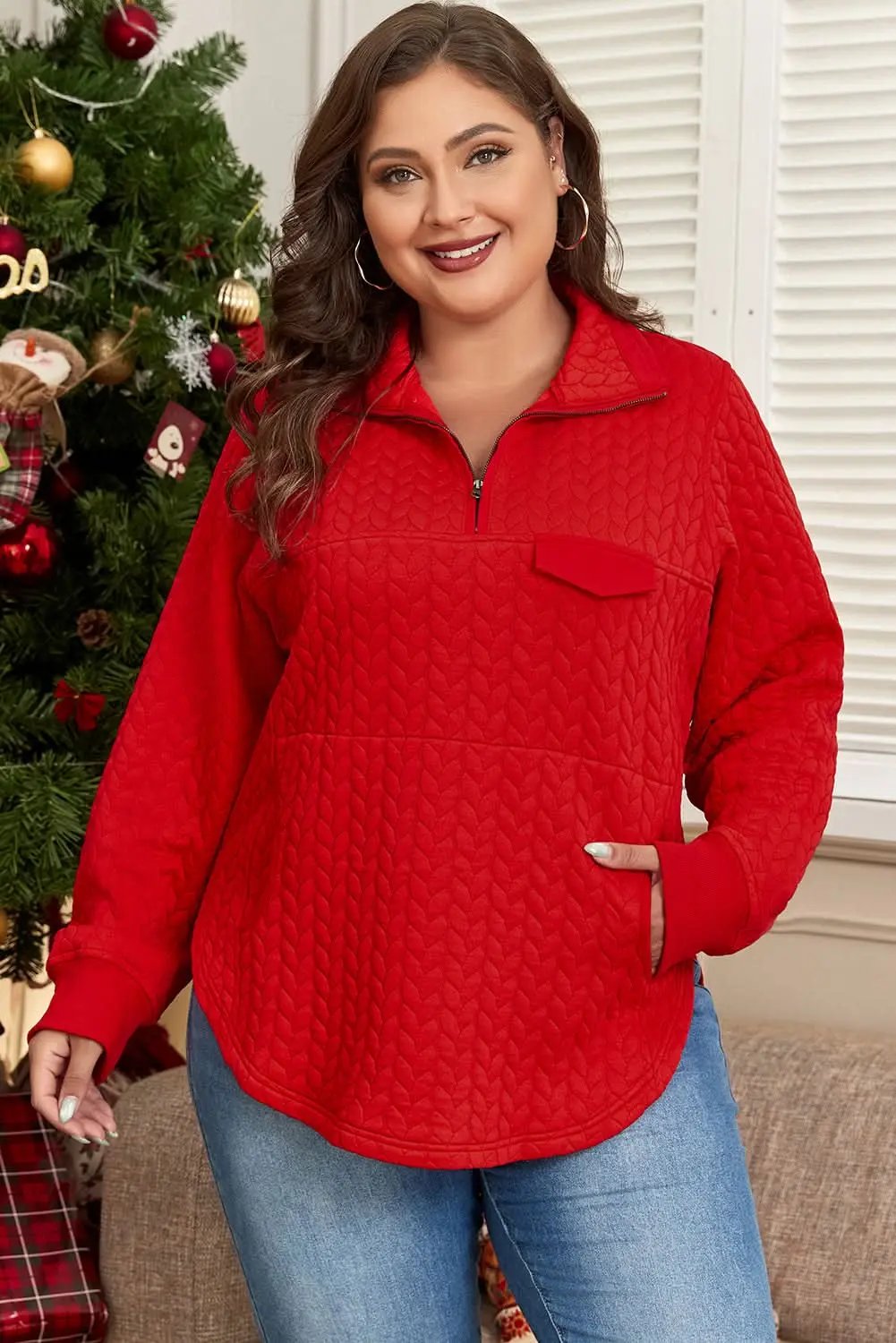 Pullover - Plus Size Tomato Red Cable Knit - Quarter Zip