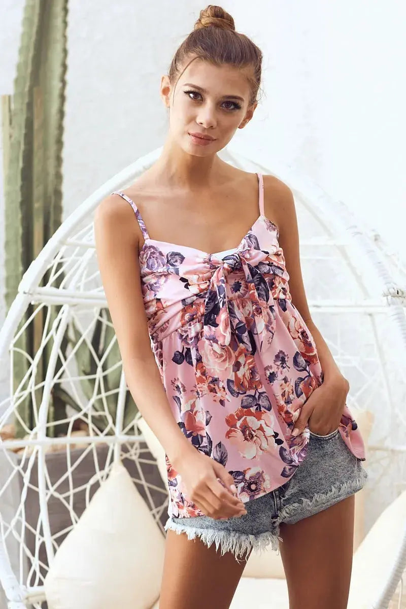 Women's Tank Top - Floral Tie Front - Jersey Knit