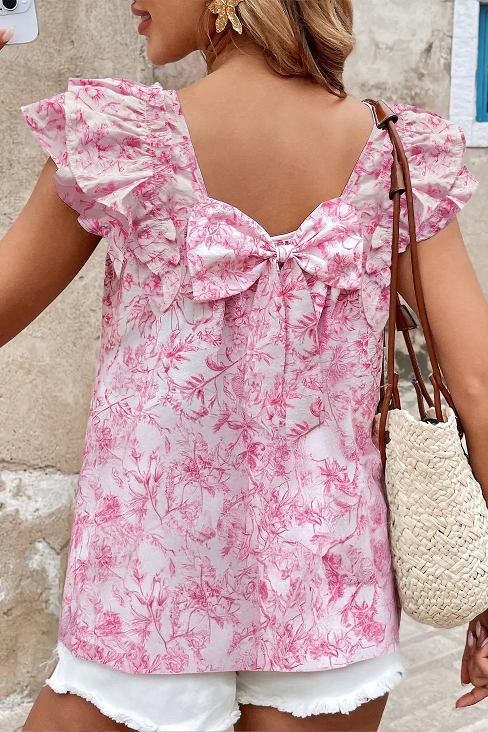 Love Salve Pink Floral Blouse Daily/Vacation Women's Top Ruffle Sleeve Bow Back