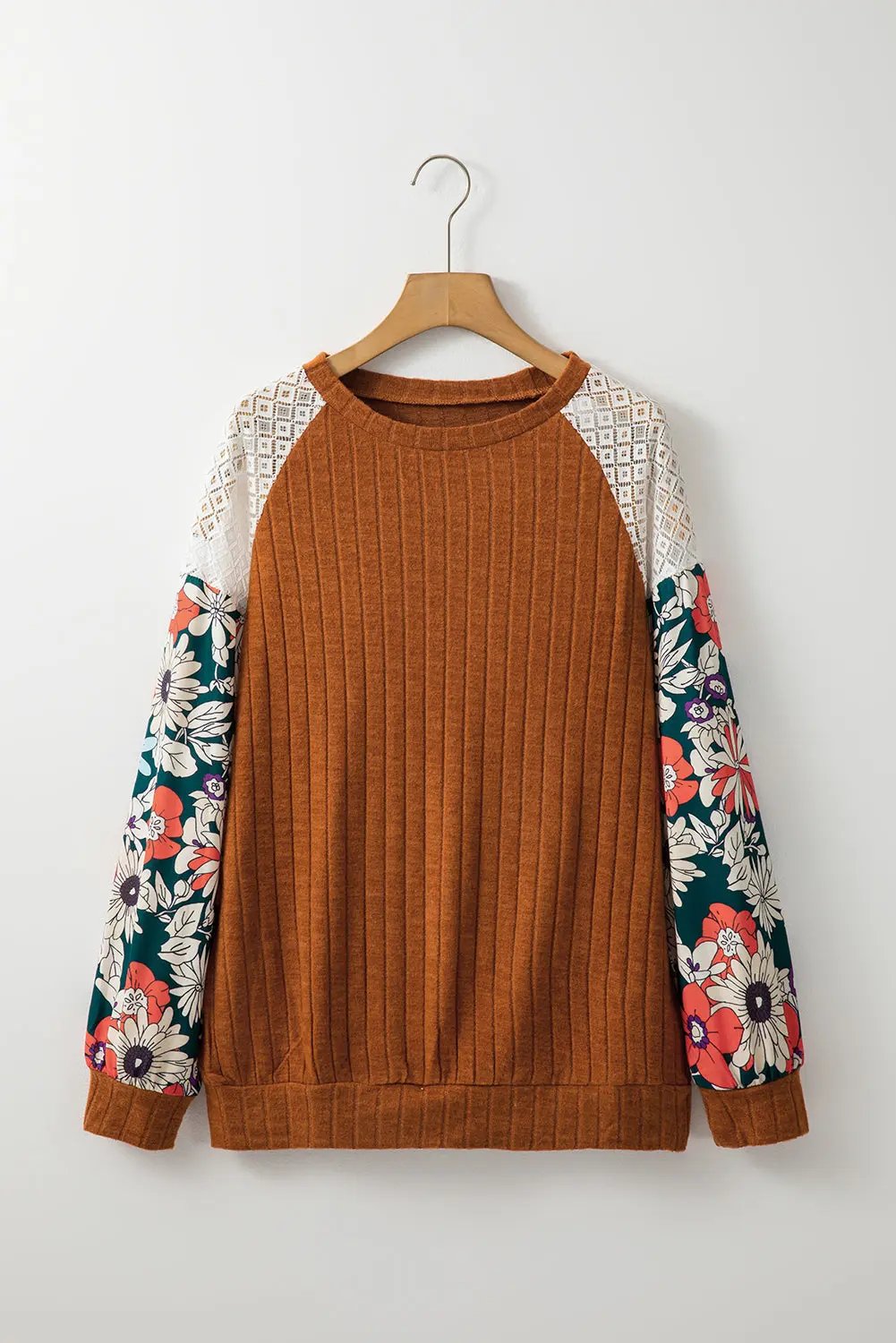 Blouse - Patchwork Ribbed Long Sleeve Floral Top