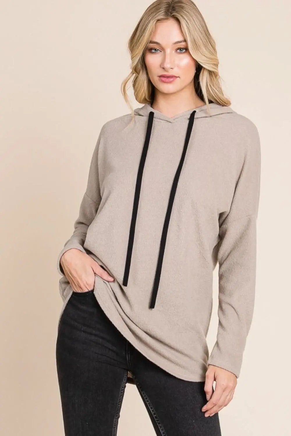 Hoodie Sweatshirt - Contrast Knit Drop Shoulder - Casual Women's
