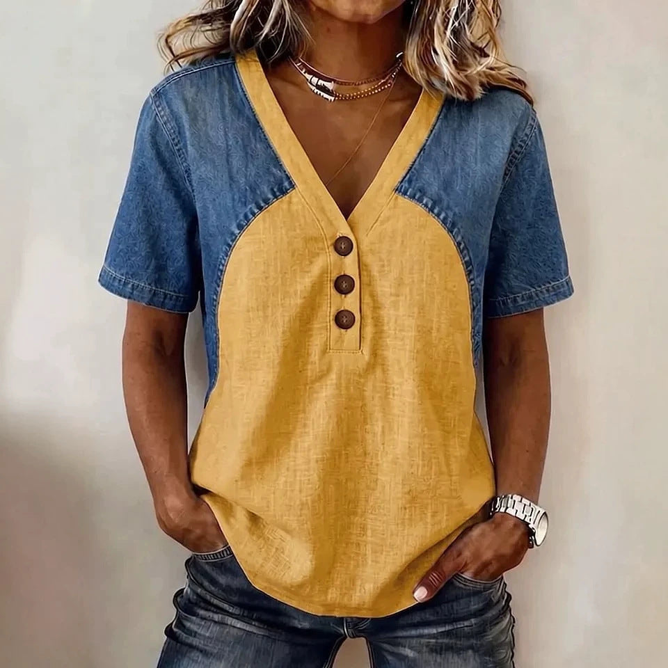 Women's Loose Denim Patchwork Color-Block T-Shirt