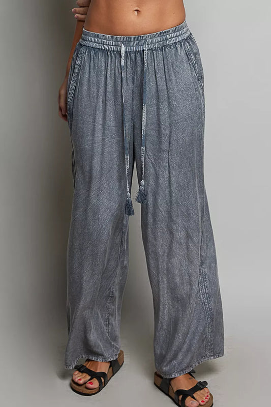 POL Tassel Drawstring Embroidered Wide Leg Woven Pants