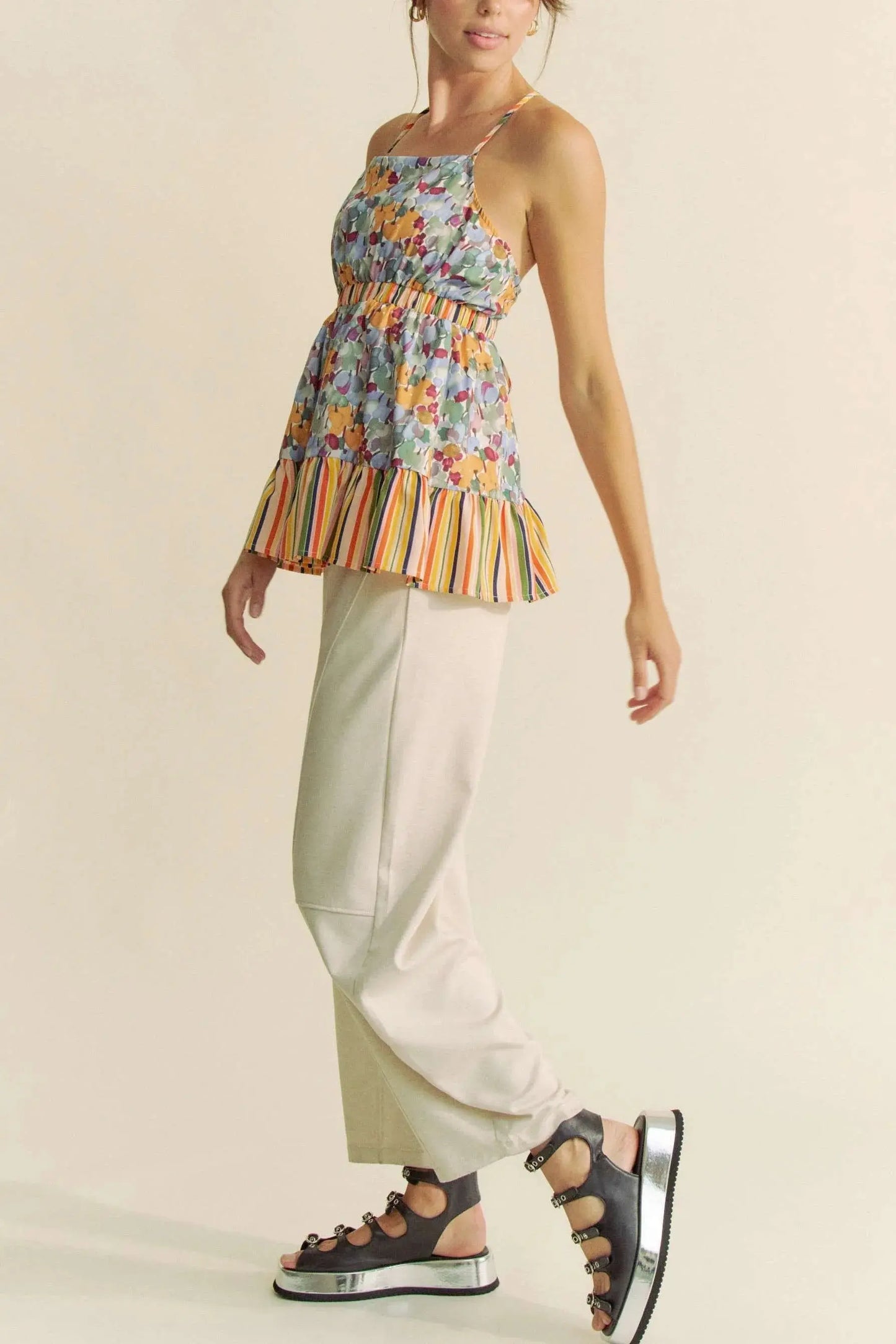 Tank Top - Floral Smocked Ruffle - Summer Casual Tie Back