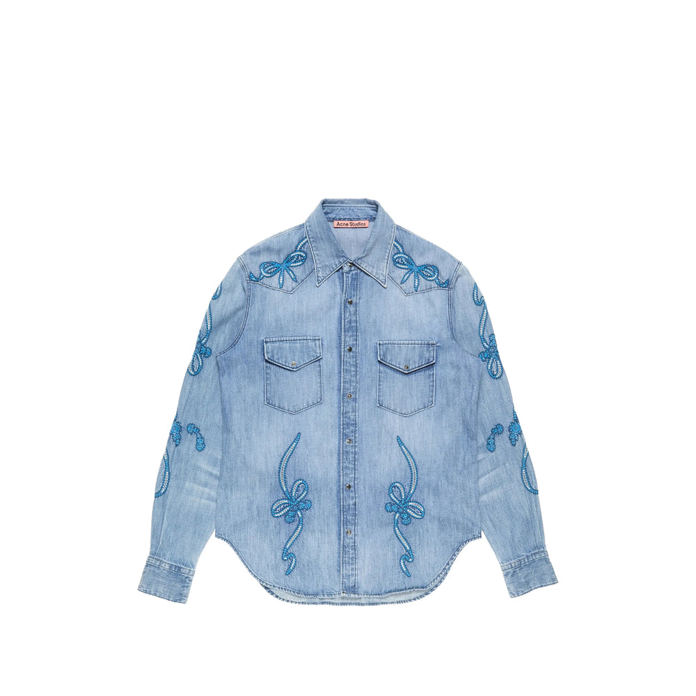 Embroidered Denim Shirt in Light Blue