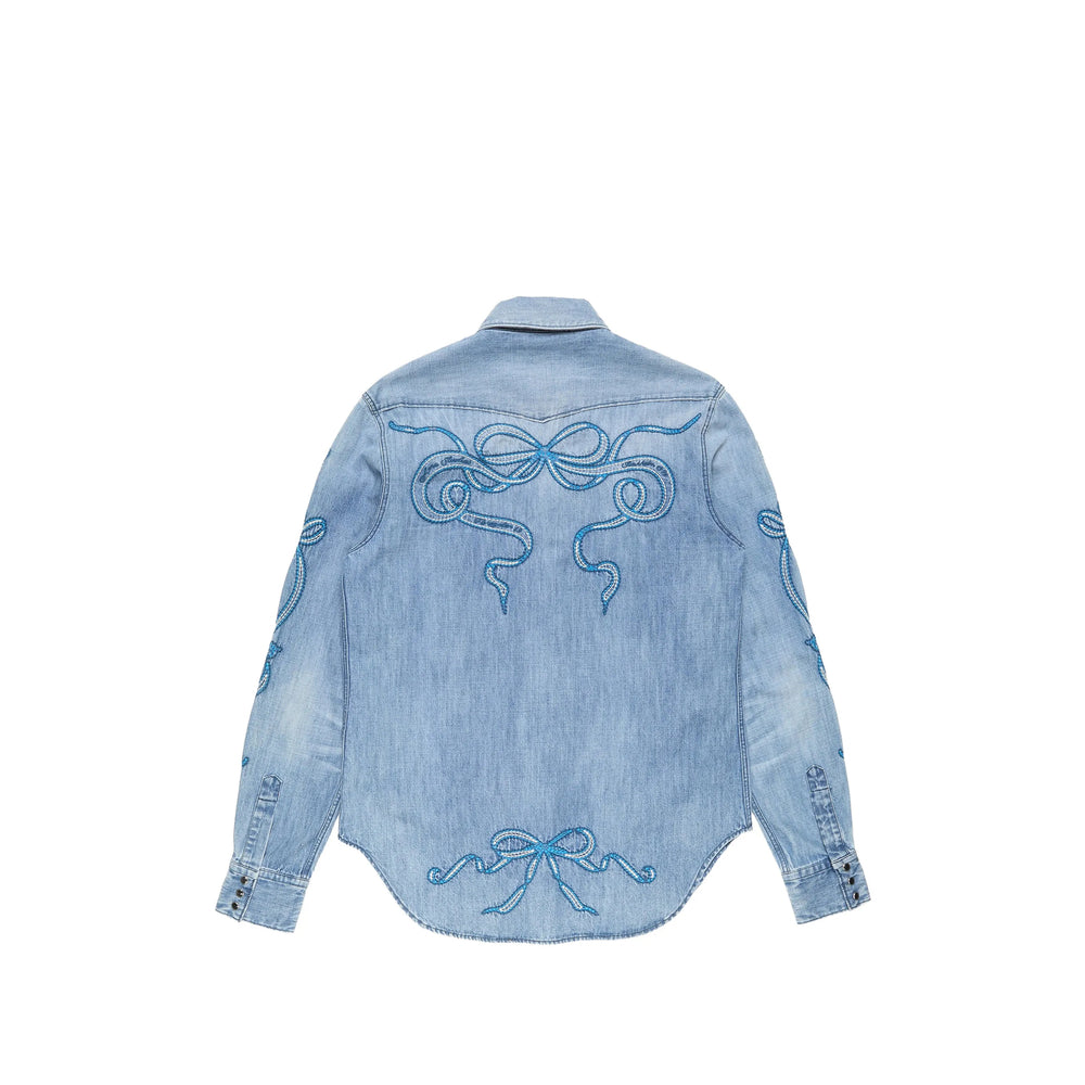 Embroidered Denim Shirt in Light Blue