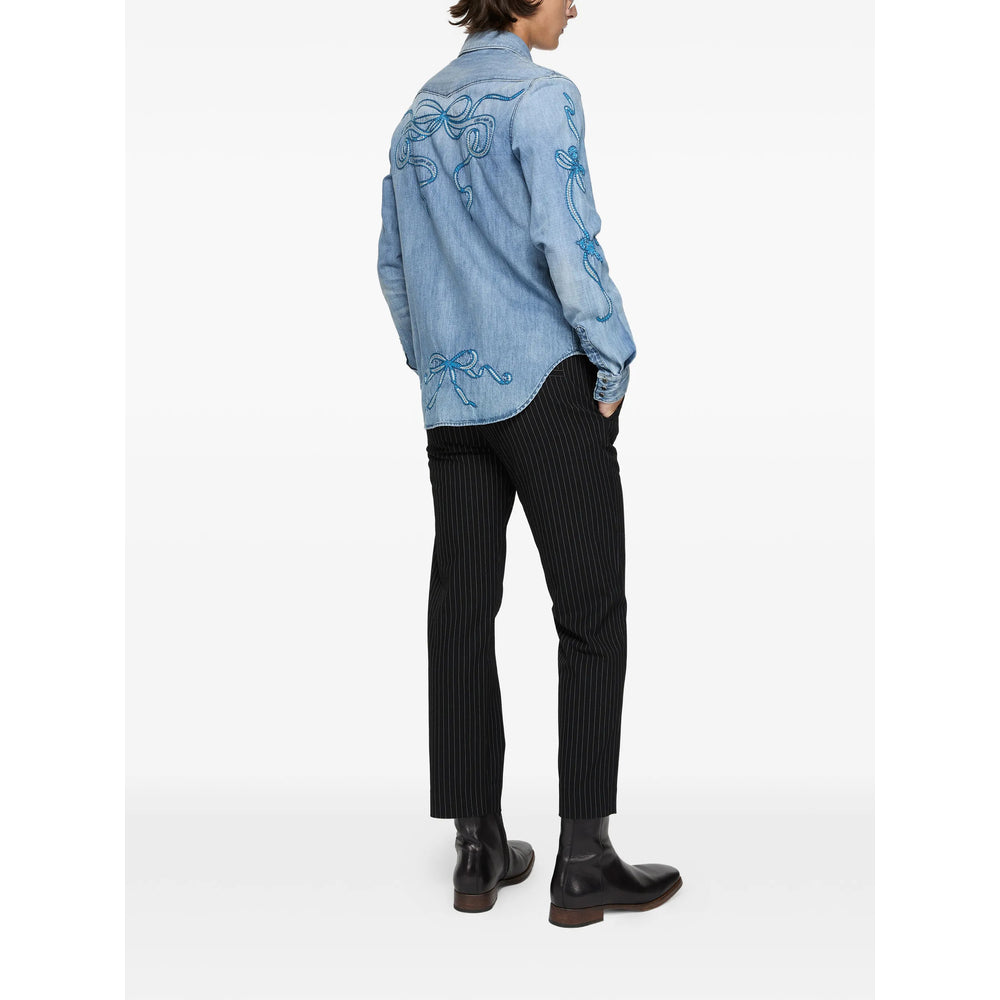 Embroidered Denim Shirt in Light Blue