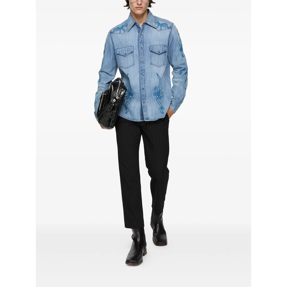 Embroidered Denim Shirt in Light Blue