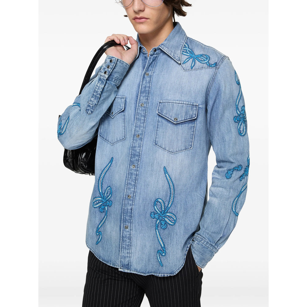Embroidered Denim Shirt in Light Blue
