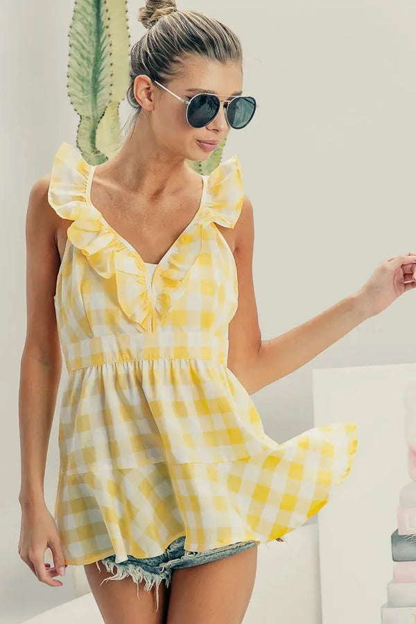 Plaid Peplum Top - Ruffled Sleeveless Tank - Cute Women's Style