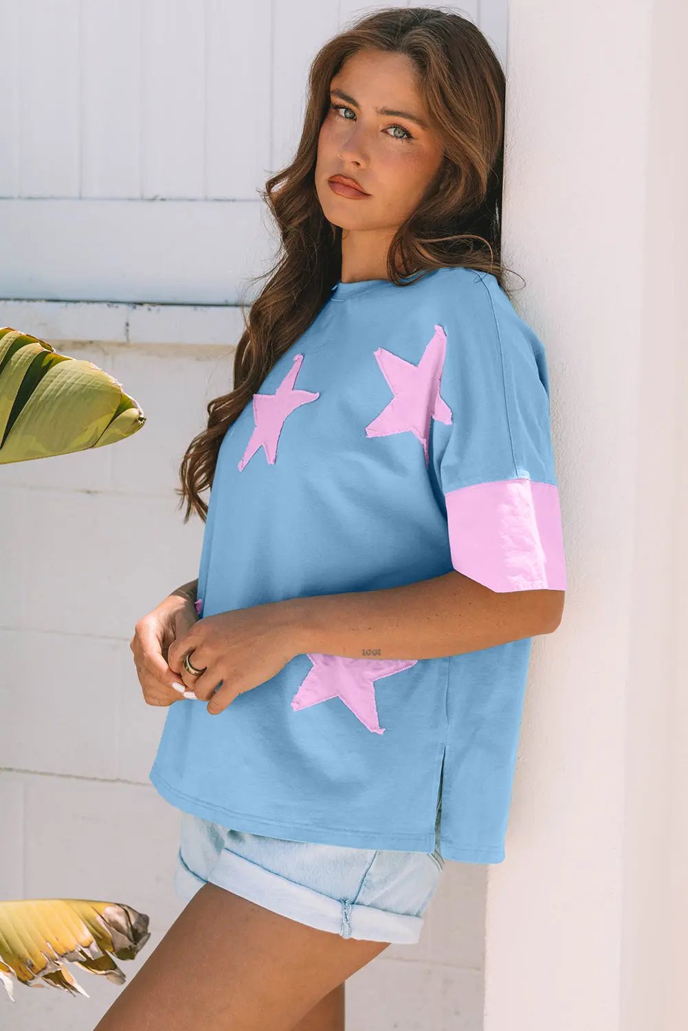 T-Shirt - Denim Star Print - Oversized Casual