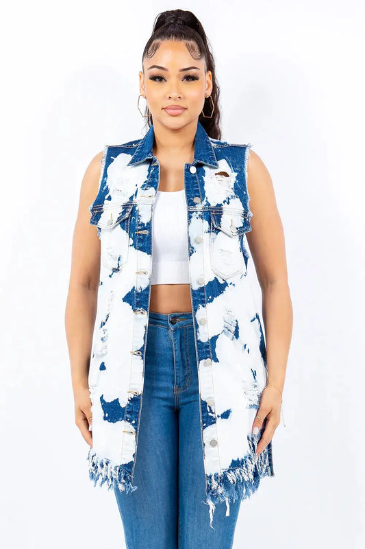 Denim Vest - Distressed Frayed Edge - Longline