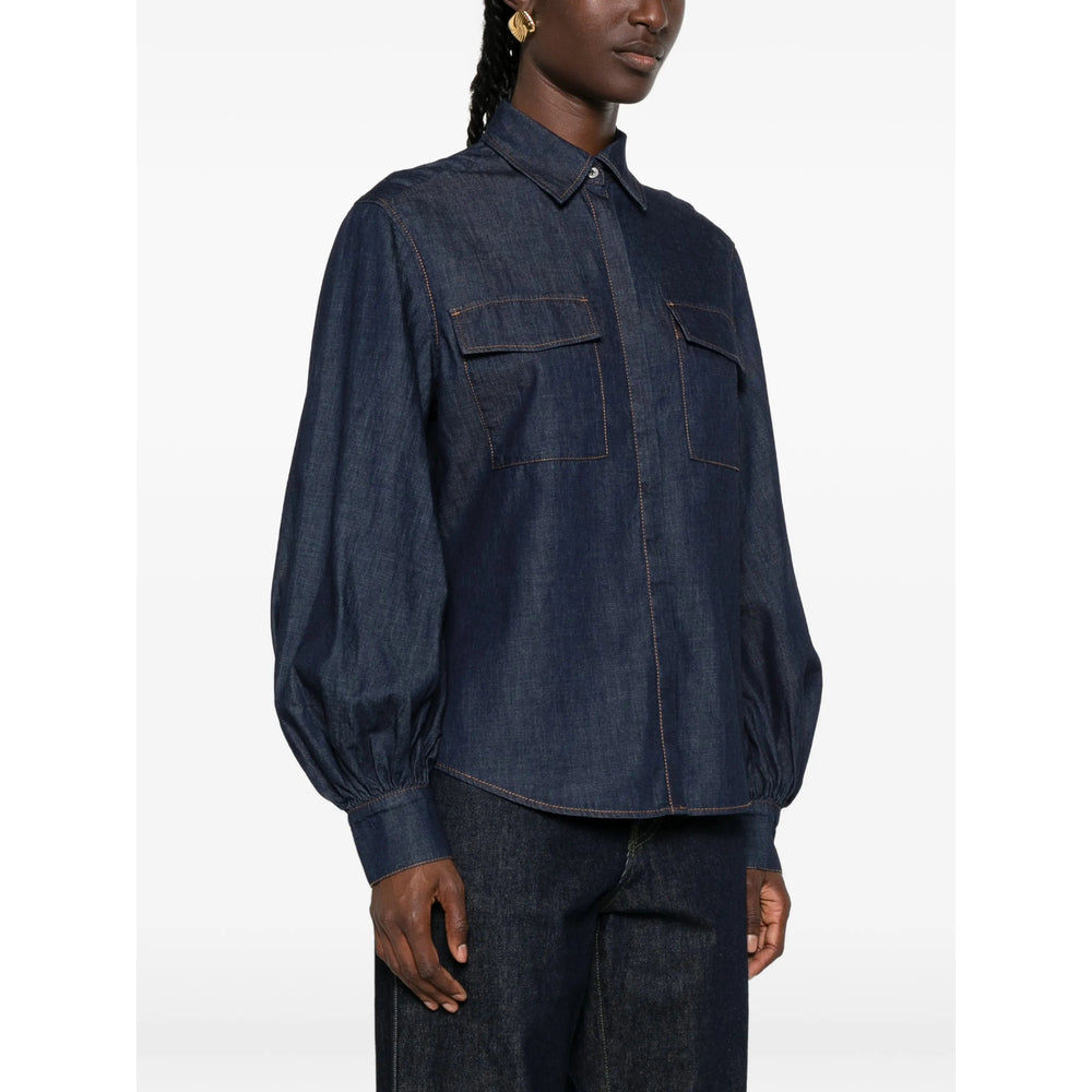 Balloon-Sleeve Denim Shirt in Indigo
