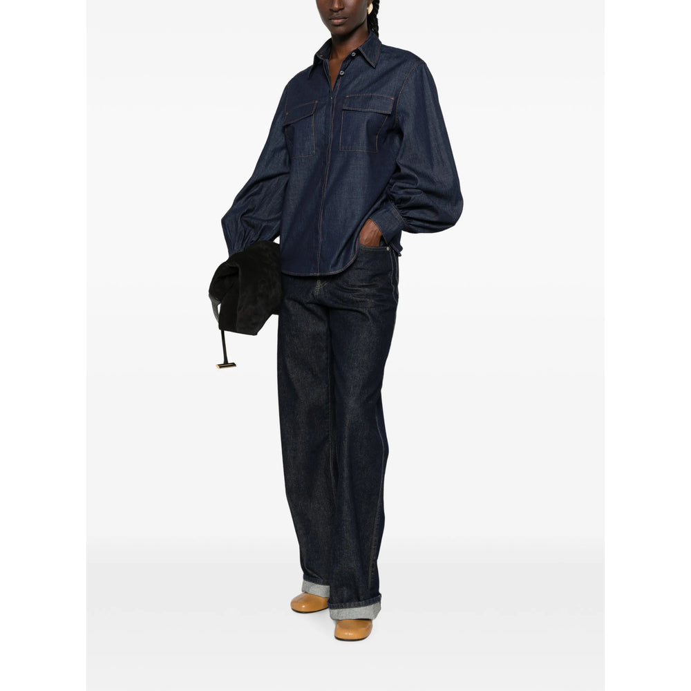 Balloon-Sleeve Denim Shirt in Indigo