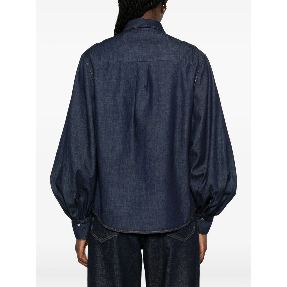 Balloon-Sleeve Denim Shirt in Indigo