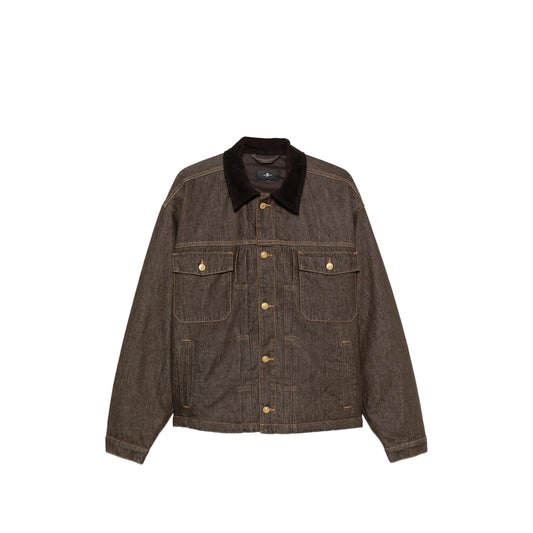 Denim Jacket with Corduroy Collar in Brown
