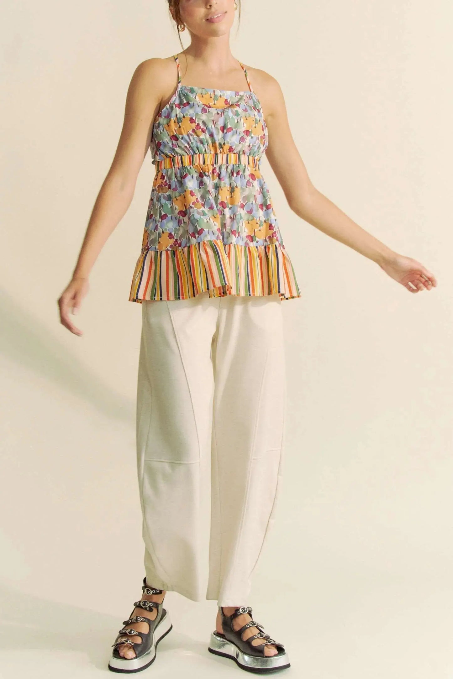 Tank Top - Floral Smocked Ruffle - Summer Casual Tie Back