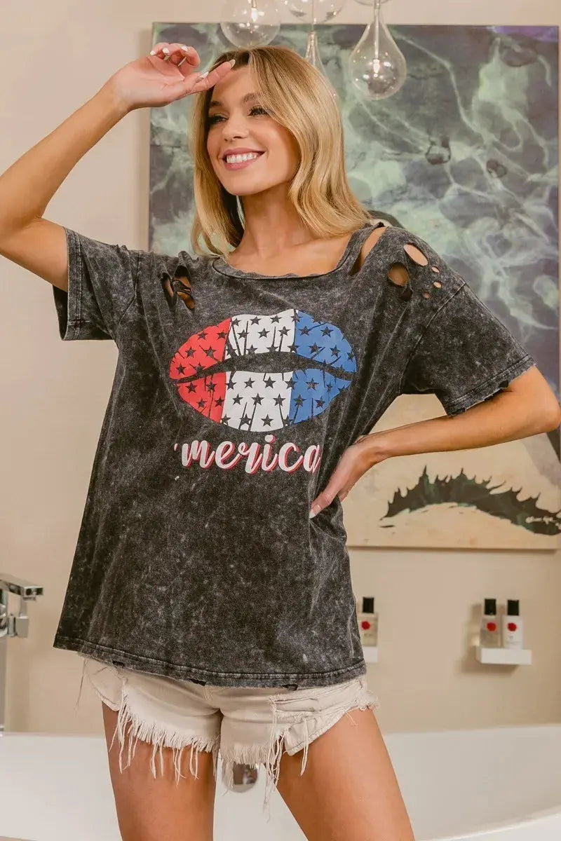 Women's Tee - Laser Cut Patriotic Lip Print - Mineral Wash Graphic