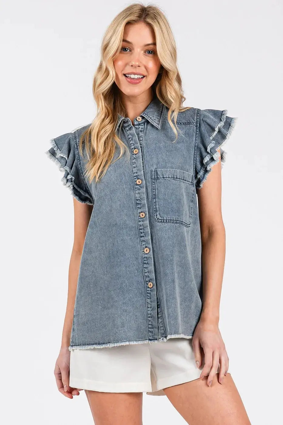 Denim Shirt - Ruffle Collared Short Sleeve - Casual Cute