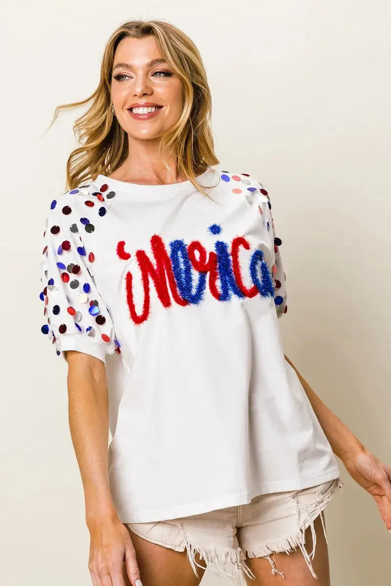 Women's Tee - Metallic Letter Puff Sleeve - Stylish Casual Top