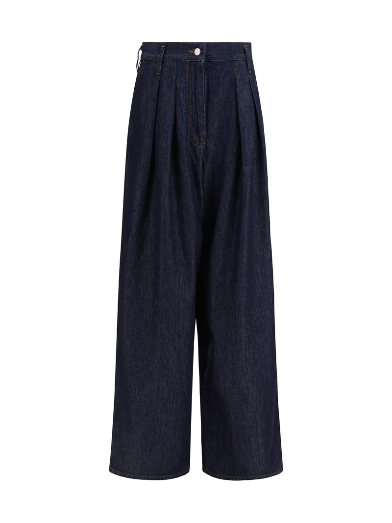 Wide-Leg Pleated Jeans Indigo