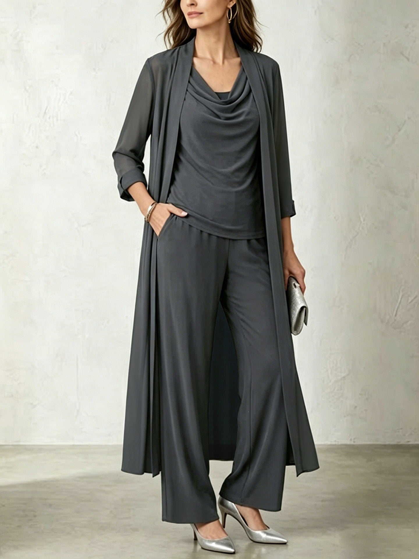 Long Sleeve Swing Collar Cardigan & Wide-Leg Pants Three-Piece Set