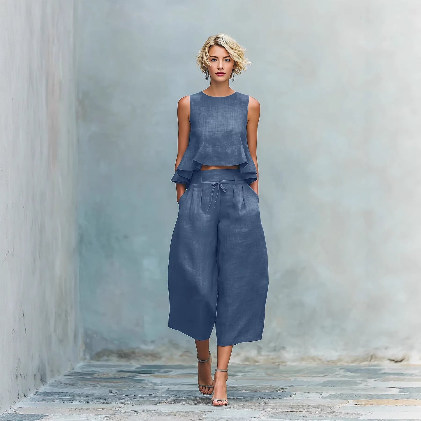 Women’s Linen-Blend Sleeveless Two Piece Set with Ruffled Detailing