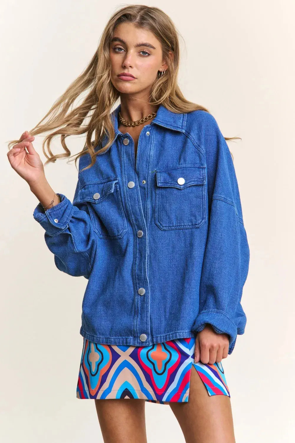Denim Shacket - Snap Down Long Sleeve - Casual Layering Top