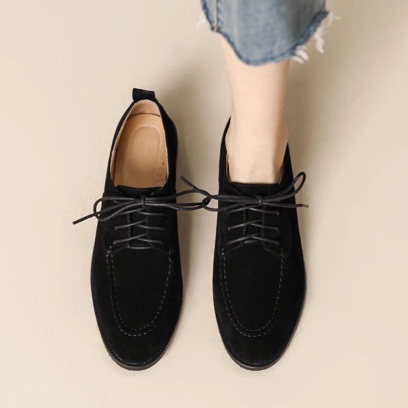 Women's Retro Lace-Up Deep-Mouth Suede Loafer Pumps