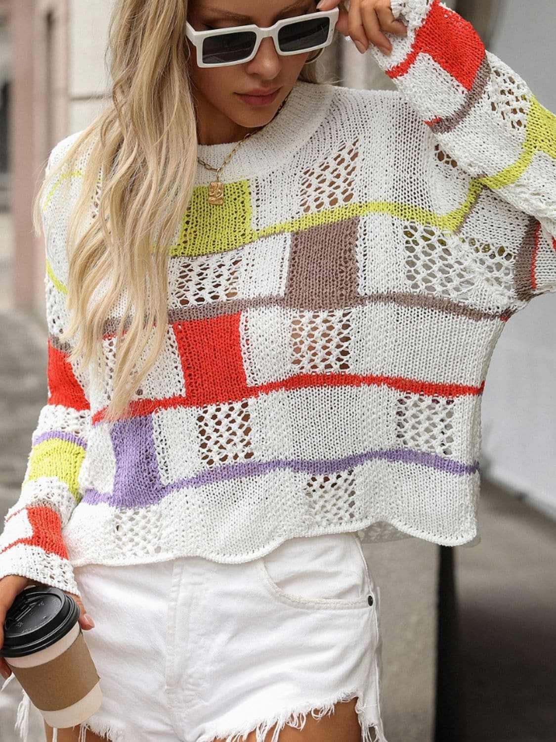 Trendsi Colorful crochet round neck pullover