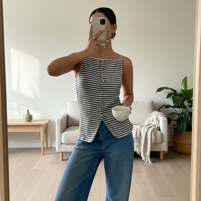 Women's Striped Button-Front Sleeveless Camisole Top – Square Neck Tank